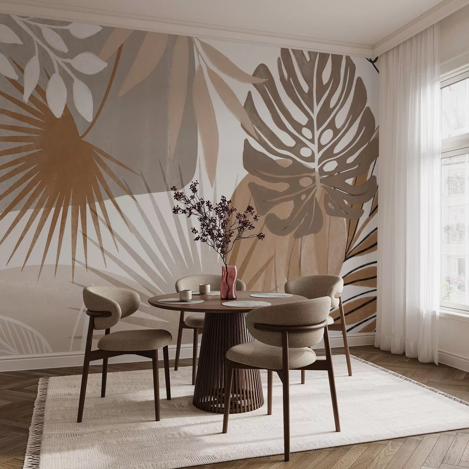 fototapeter Abstrakt design med forskellige tropiske blade og i jordnære toner af brun, beige og creme  w08738