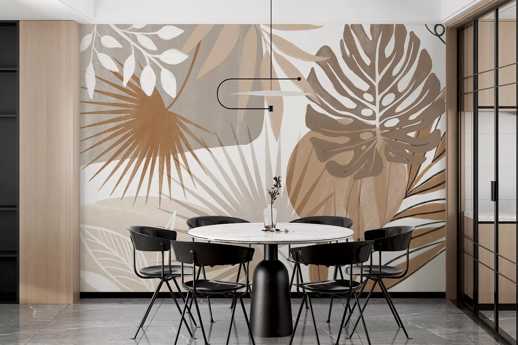 Fototapete Abstraktes Design mit verschiedenen tropischen Blättern und in Erdtönen von Braun, Beige und Creme w08738