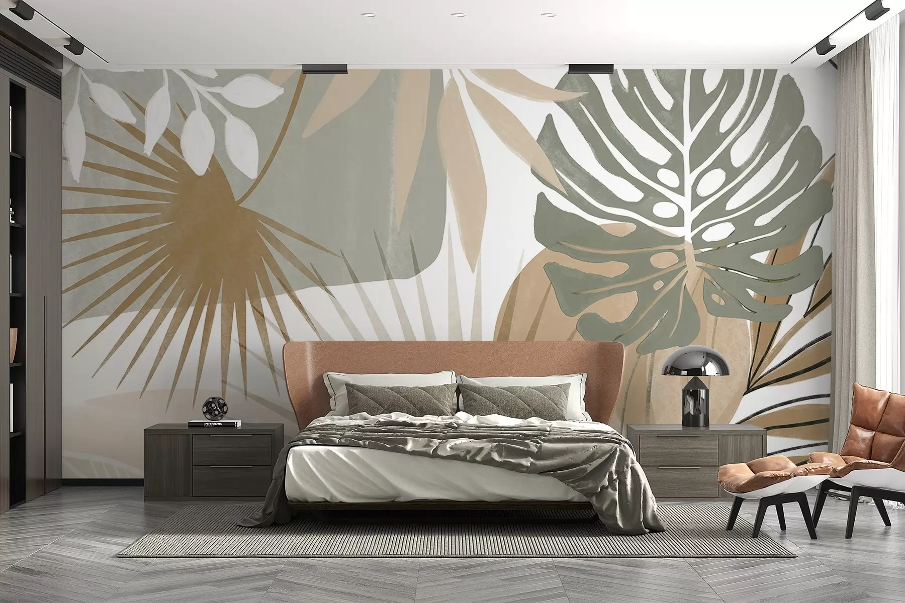 fototapeter Abstrakt design med forskellige tropiske blade og i jordnære toner af grøn, beige og creme  w08738v1