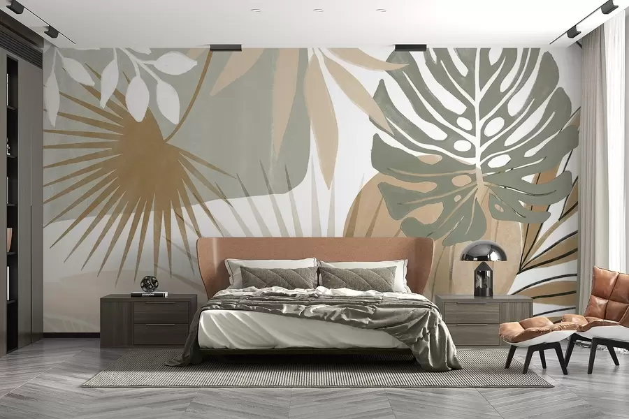fototapeter Abstrakt design med forskellige tropiske blade og i jordnære toner af grøn, beige og creme  w08738v1