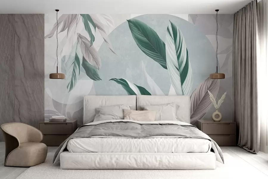 Murale Composition géométrique moderne et abstraite avec des feuilles détaillées dans des tons de vert, de violet clair et de blanc w08741v1