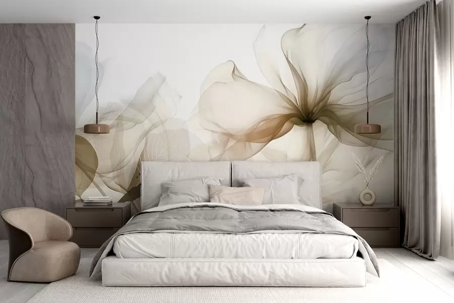 Fototapete Braune abstrakte Blumen mit weichen, durchscheinenden, fließenden Blütenblättern und zarten Details vor einem weißen Hintergrund w08742v1