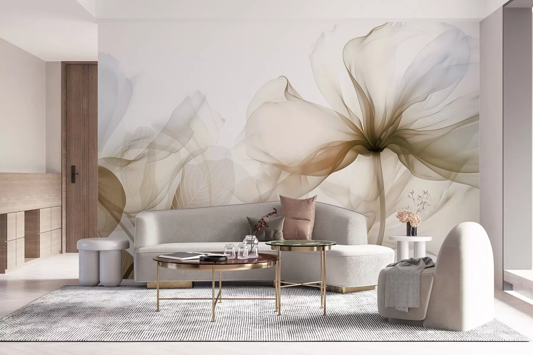 Fototapete Braune abstrakte Blumen mit weichen, durchscheinenden, fließenden Blütenblättern und zarten Details vor einem weißen Hintergrund w08742v1