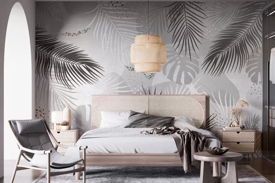 Murale Tendance abstraite de feuilles et de lignes tropicales w03060v2