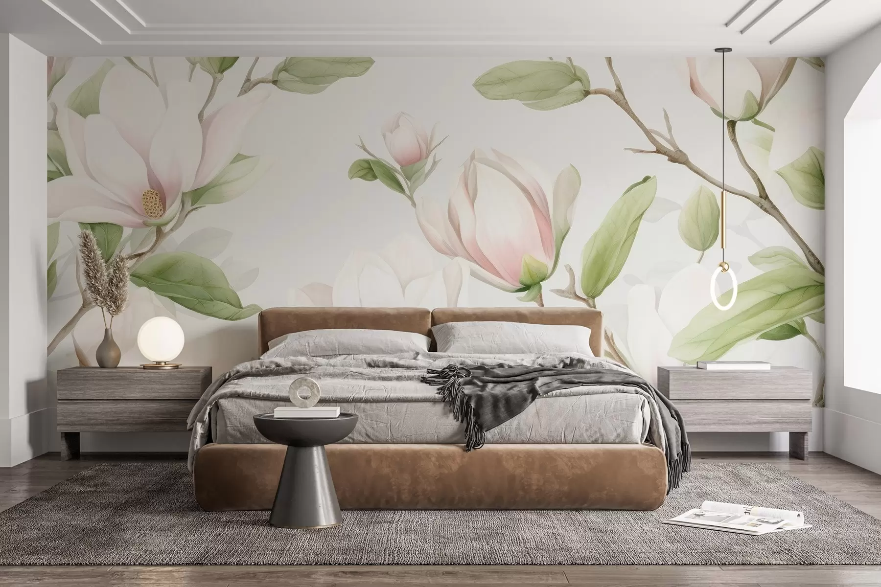 Murale Élégantes branches de magnolia avec de délicates fleurs blanc-rose et des feuilles vertes sur un fond clair w03046
