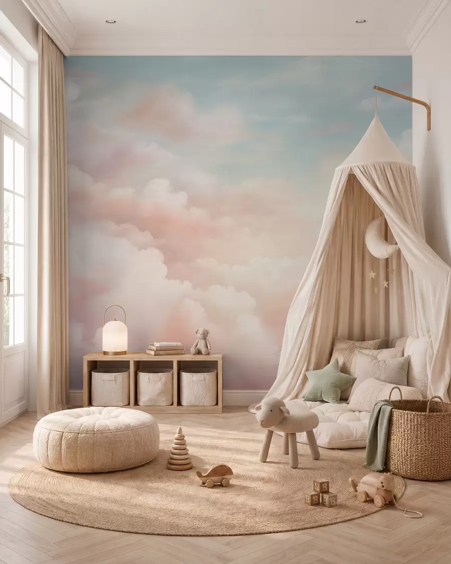 Murale Nuages doux et pastel dans les tons rose, crème et bleu w03047