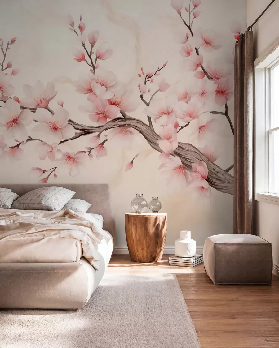 fototapeter En delikat kirsebærblomstgren med sartrosa blomster på en lys baggrund w03079