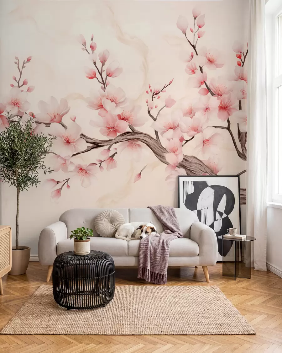 fototapeter En delikat kirsebærblomstgren med sartrosa blomster på en lys baggrund w03079