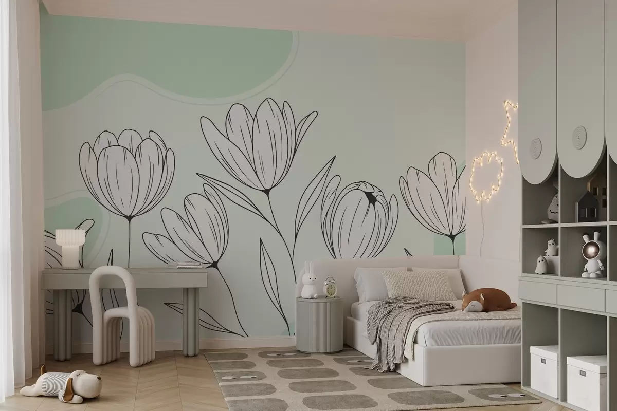 fototapeter Minimalistisk illustration af tulipaner i sort-hvid stil på en lys baggrund med bløde mintfarvede accenter w03086v2
