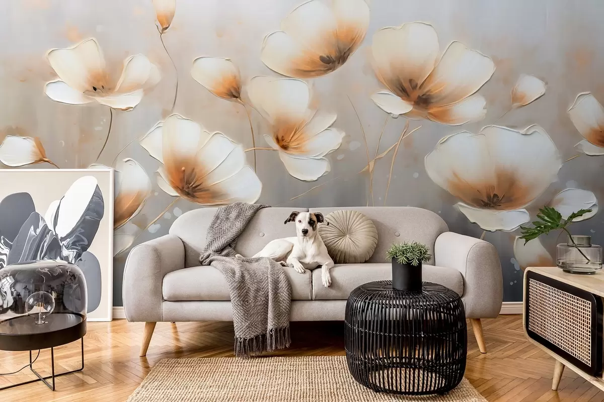 fototapeter Elegante blomster med delikate, bløde kronblade i beige-blå nuancer w08746v1