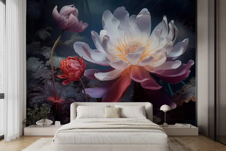 Fototapete Fantastische Blumen blühen in einer märchenhaft dunklen Atmosphäre w08747