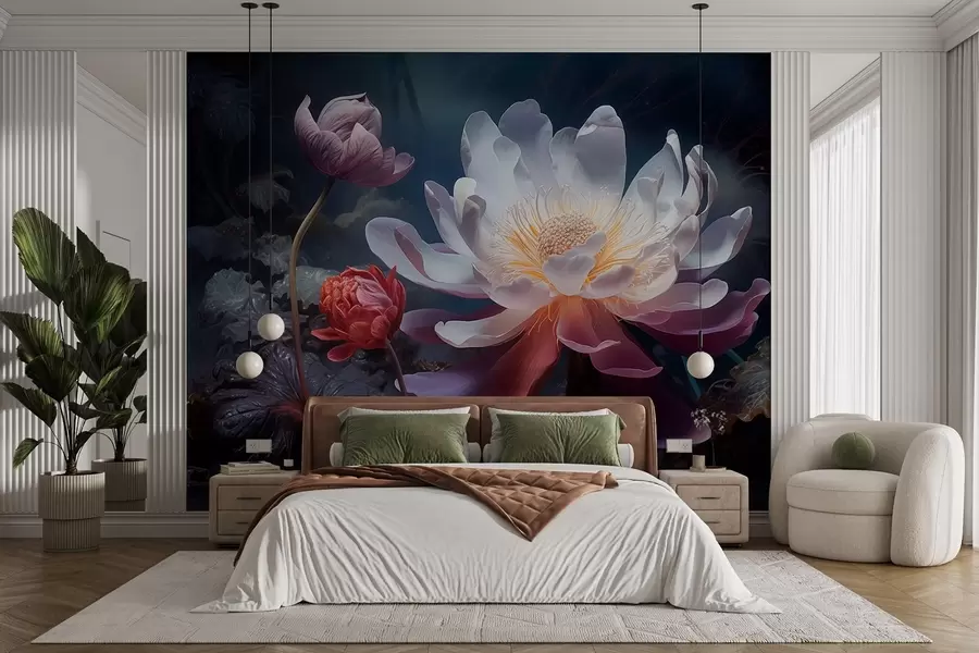 Fototapete Fantastische Blumen blühen in einer märchenhaft dunklen Atmosphäre w08747