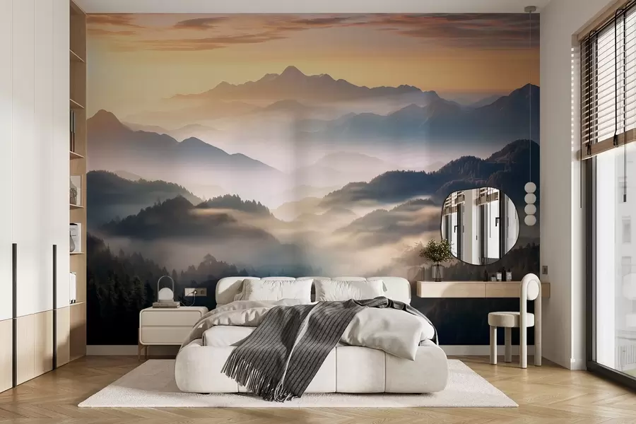 Murale Paysage de montagne serein à l'aube, avec une douce brume enveloppant les pins w08748