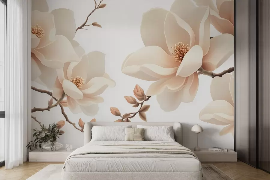 fototapeter Cremefarvede magnoliagrene på en hvid baggrund w08755