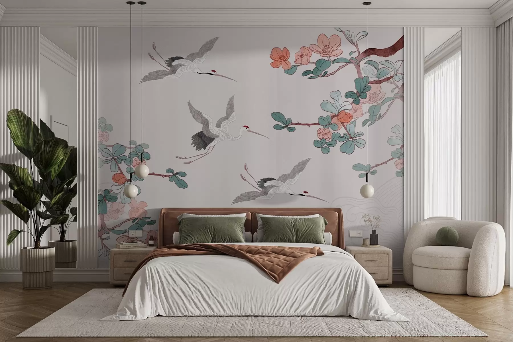 fototapeter Grene med blomster og traner i japansk stil w03103