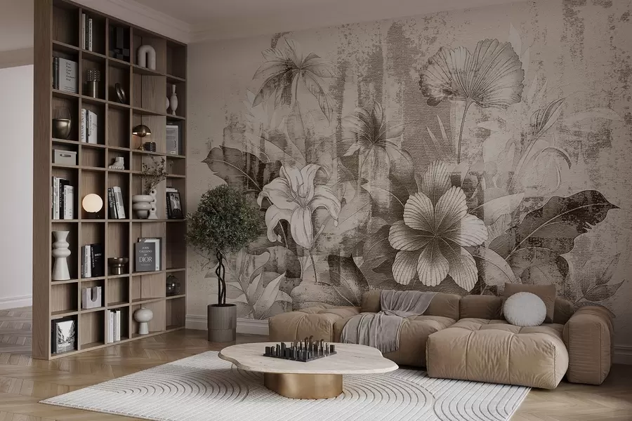 Fototapete Vintage-Design mit exotischen Blumen und Pflanzen w08767v2