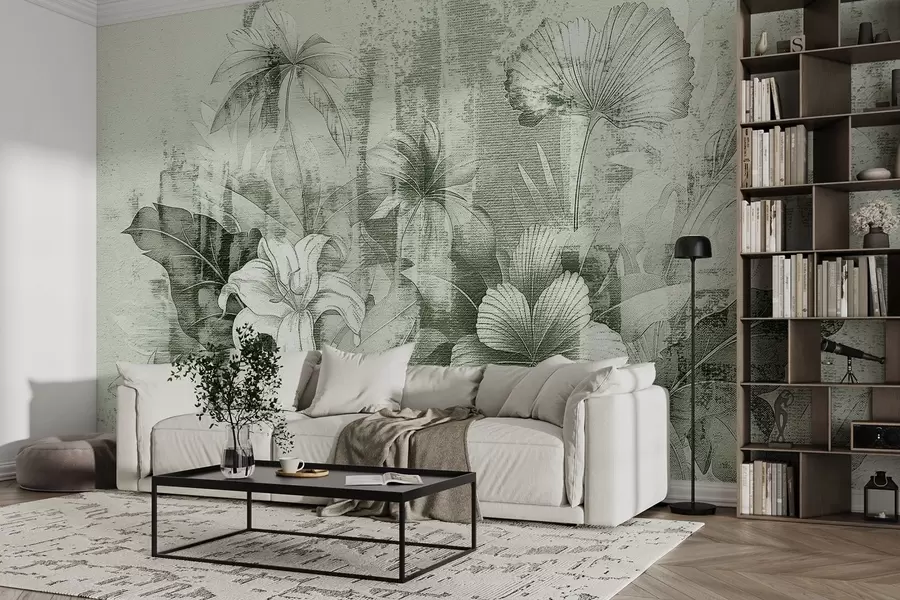 Fototapete Vintage-Design mit exotischen Blumen und Pflanzen w08767v3