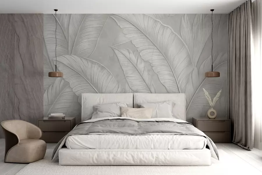 Fototapete Stark strukturierte, detaillierte große tropische Blätter in einem monochromen hellgrauen Farbton im Loft-Stil w08772