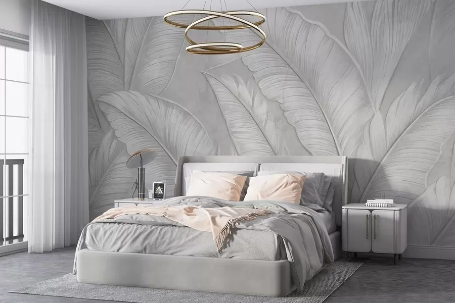 Fototapete Stark strukturierte, detaillierte große tropische Blätter in einem monochromen hellgrauen Farbton im Loft-Stil w08772