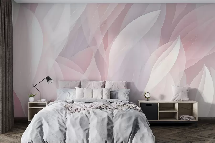 fototapeter Abstrakt design med bløde kronbladslignende former i rosa og hvide nuancer, der skaber en lagdelt effekt w08774
