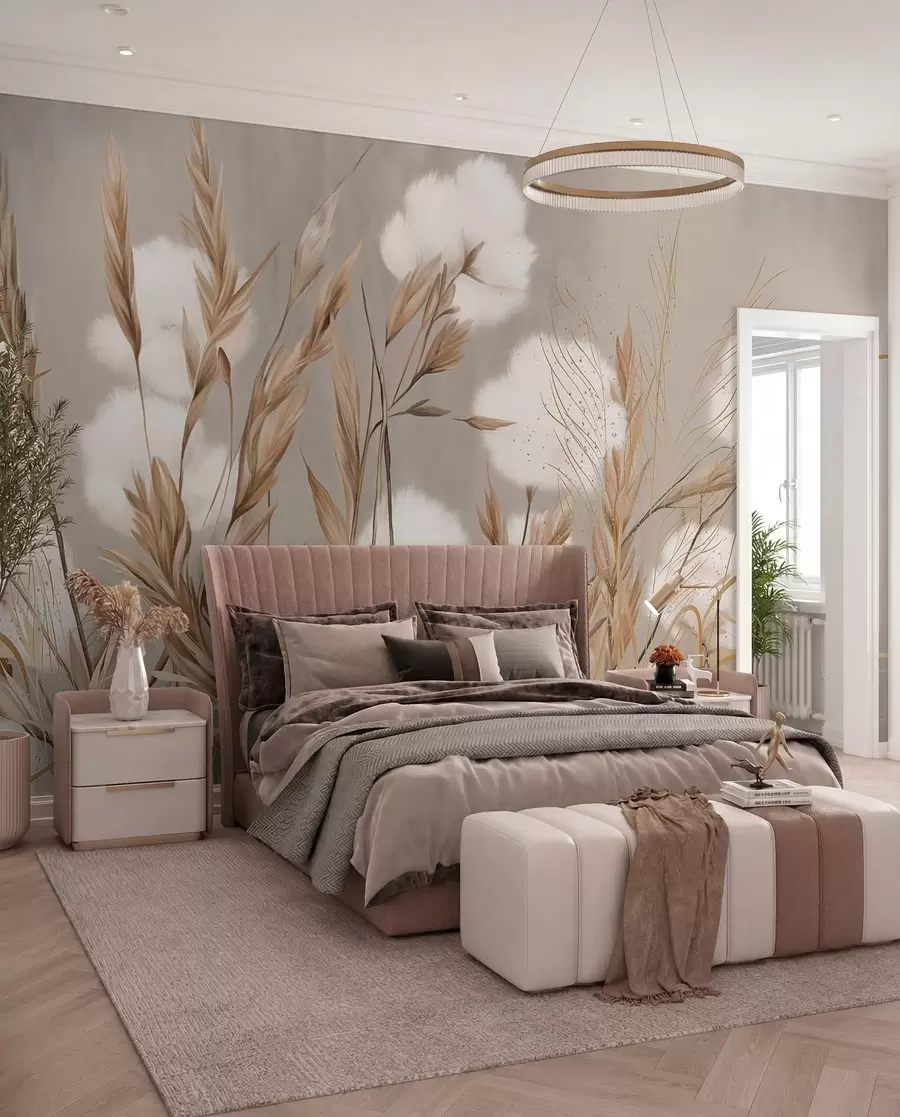 fototapeter Bløde, fluffy bomuldshvide blomster og høje orange græsstrå mod en dæmpet struktureret beige baggrund w08784
