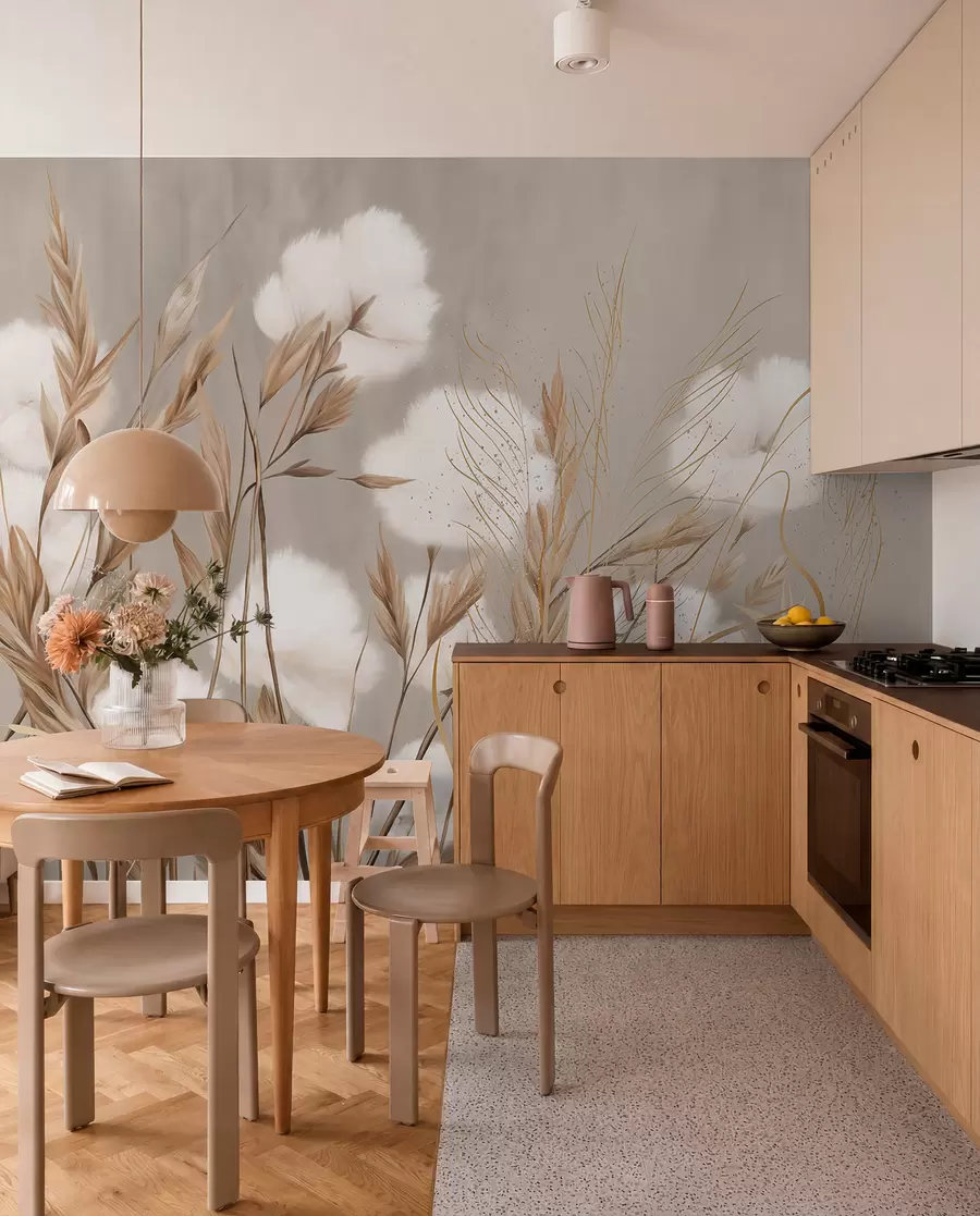 fototapeter Bløde, fluffy bomuldshvide blomster og høje orange græsstrå mod en dæmpet struktureret beige baggrund w08784