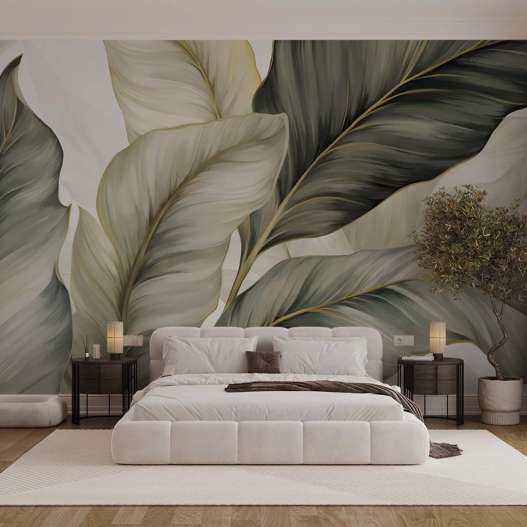 Fototapete Große, stilisierte, strukturierte Blätter mit detaillierten Adern in verschiedenen Grün-, Creme- und Beigetönen w08785