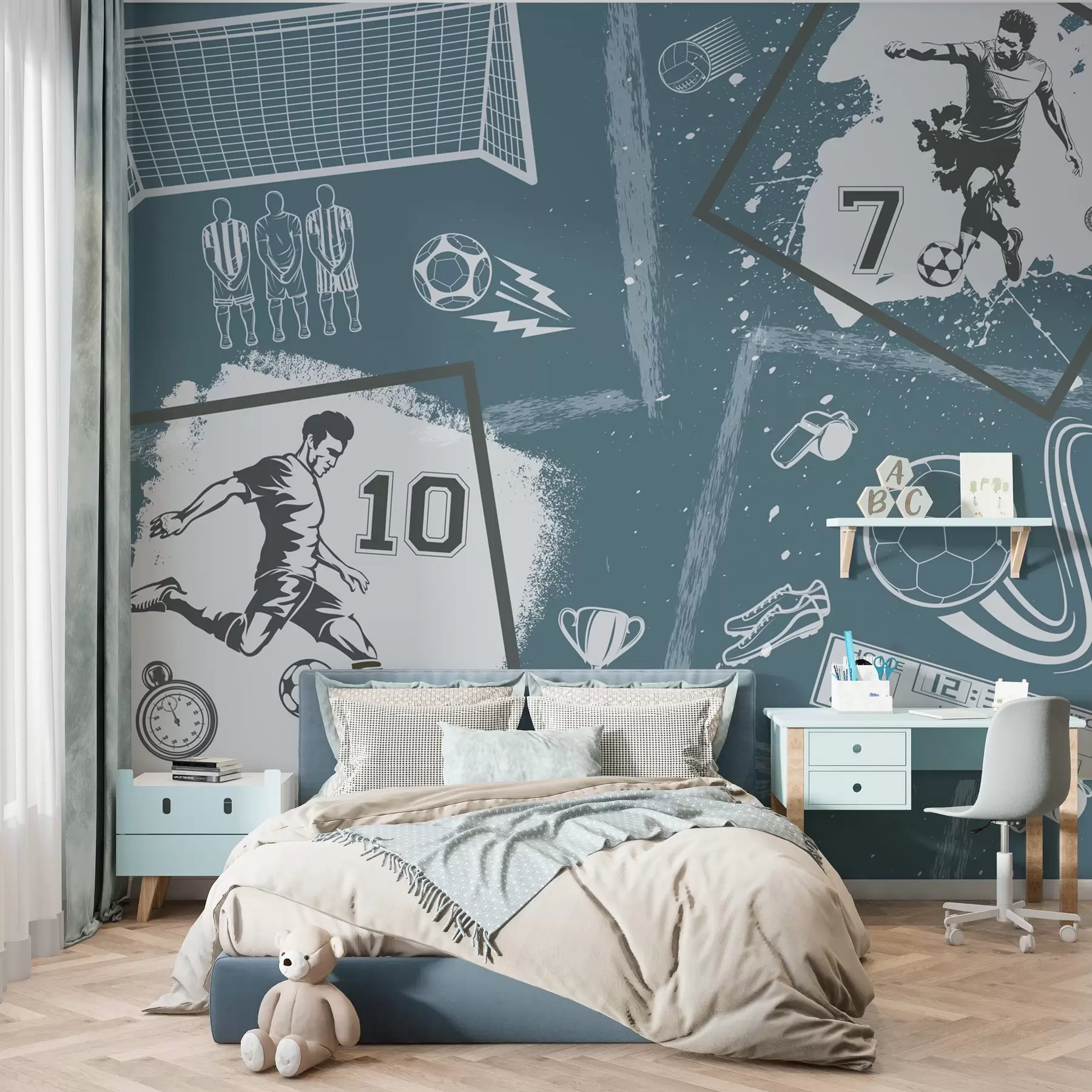 Fototapete Fußballspieler, Ball und andere Fußballattribute in Blautönen w03122