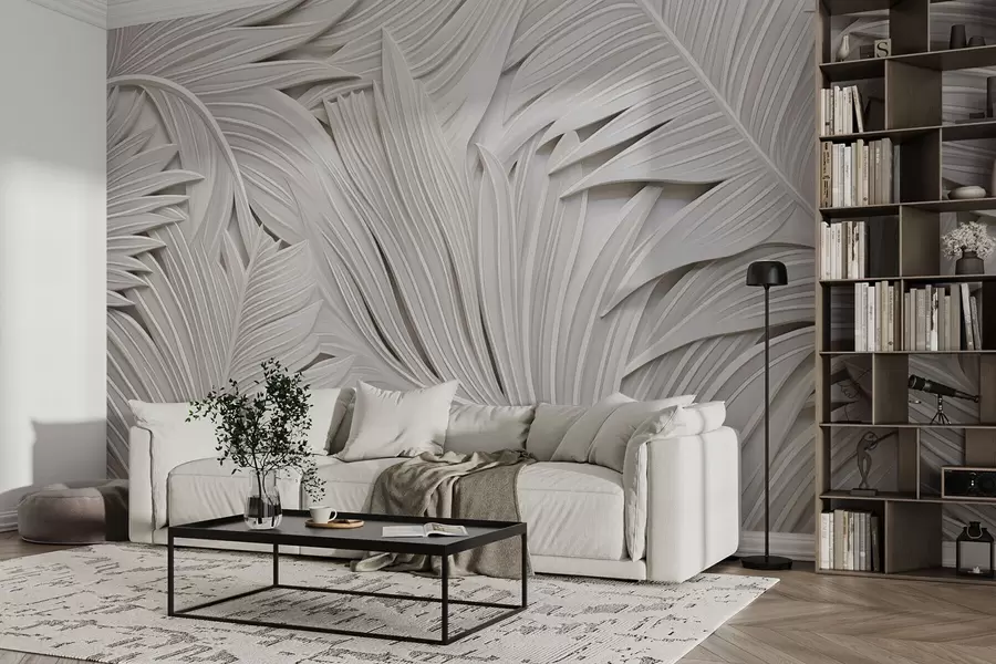 Fototapete Nachahmung von Gussformen, große Zweige tropischer Pflanzen w08795