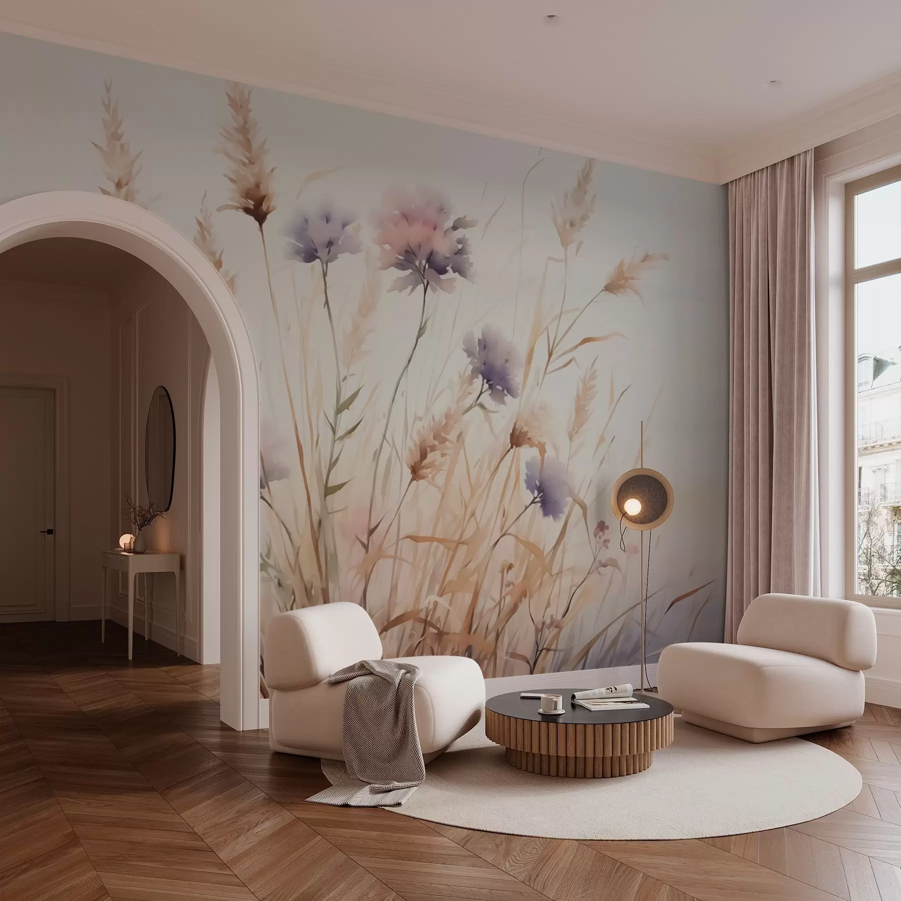 fototapeter Vilde blomster i tørt græs efterligning af akvarel w03174