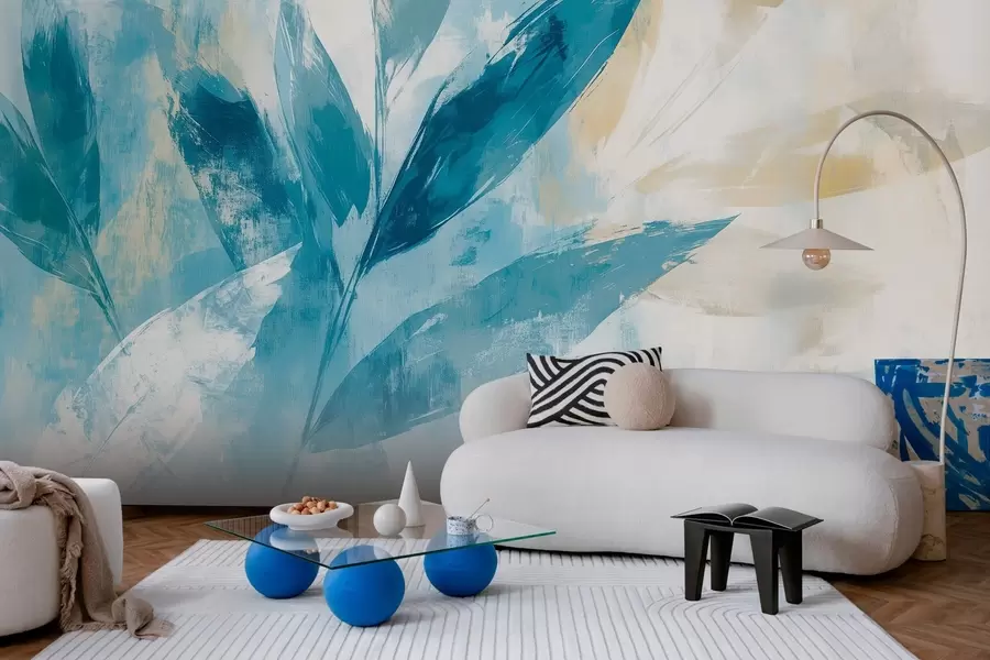 Fototapete blaue Blätter im Stil von abstrakten Strichen w03109