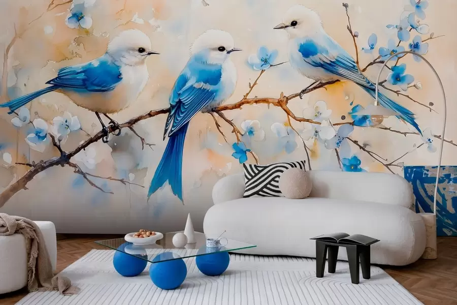 Fototapete frühling Singvögel auf einem Zweig in Aquarell-Stil w03112