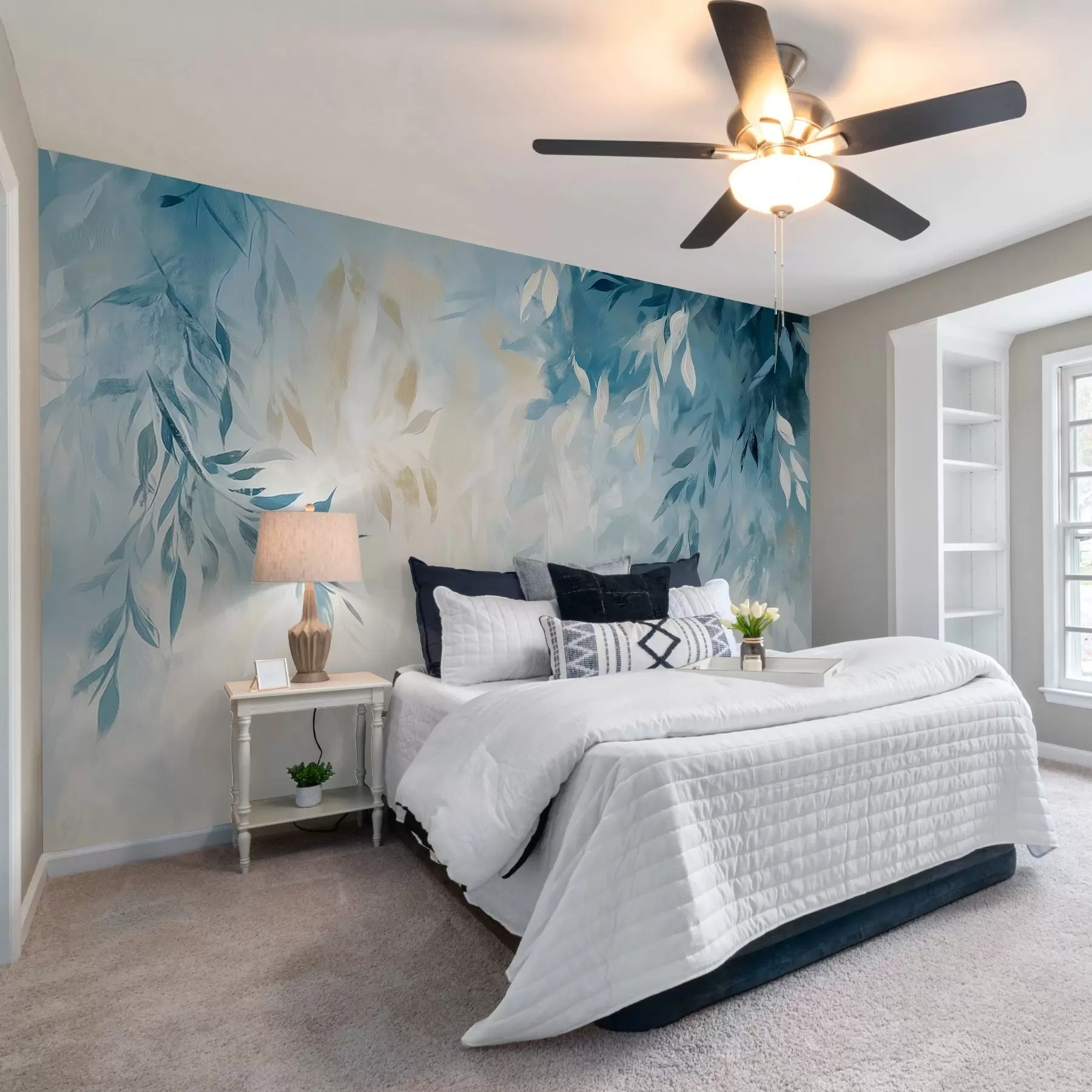 Fototapete abstrakte blaue Blätter mit Ölgemälde Stil Striche w03114