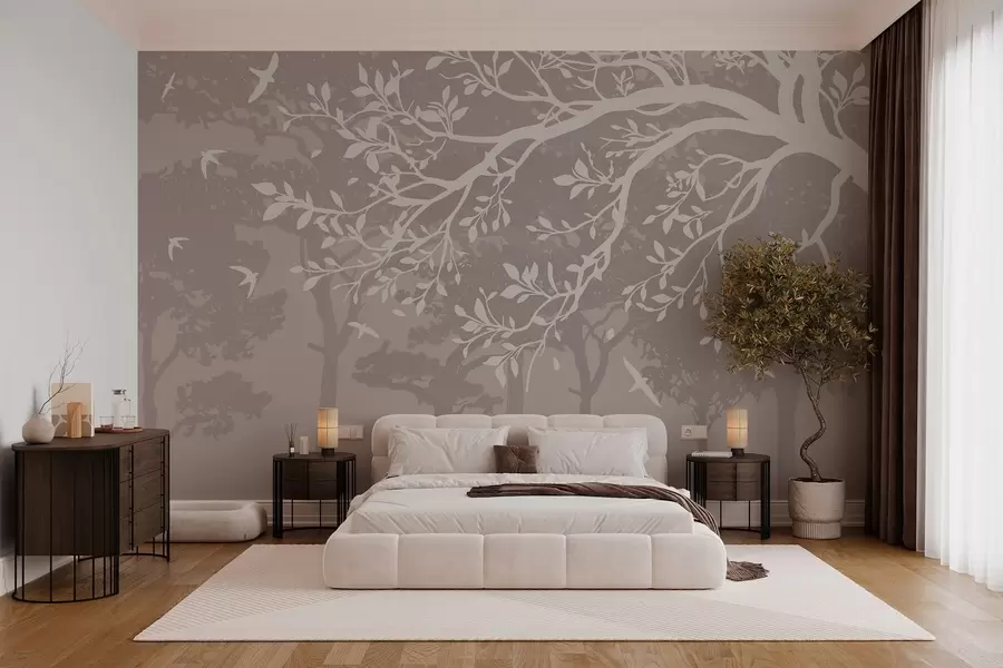 Fototapete silhouette eines cremefarbenen Baumzweigs mit Vögeln, vor dem Hintergrund des Waldes w03116