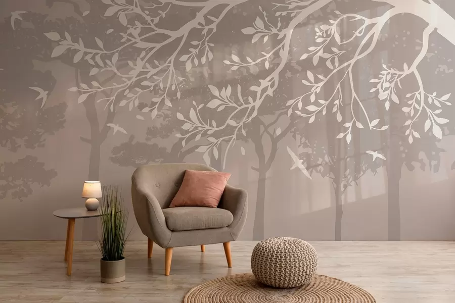 Fototapete silhouette eines cremefarbenen Baumzweigs mit Vögeln, vor dem Hintergrund des Waldes w03116