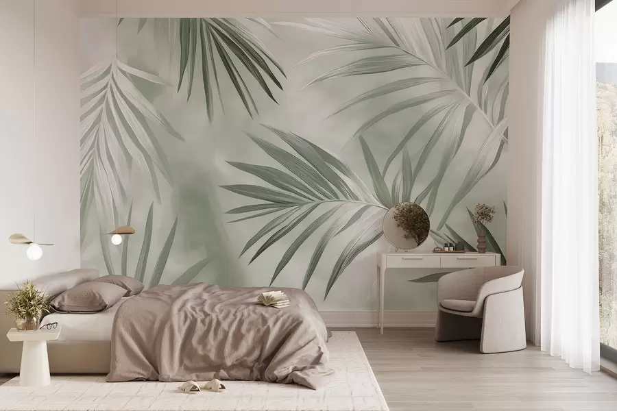 Murale Abstraction de feuilles tropicales, palmier, palette de couleurs vertes w03153v2