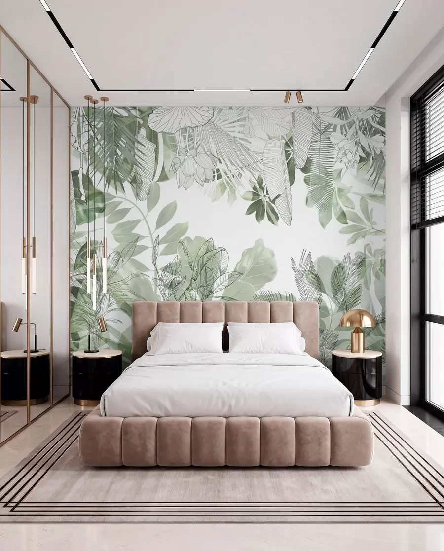 fototapeter Grønne tropiske planter og blade med jungletryk på en hvid baggrund w08823