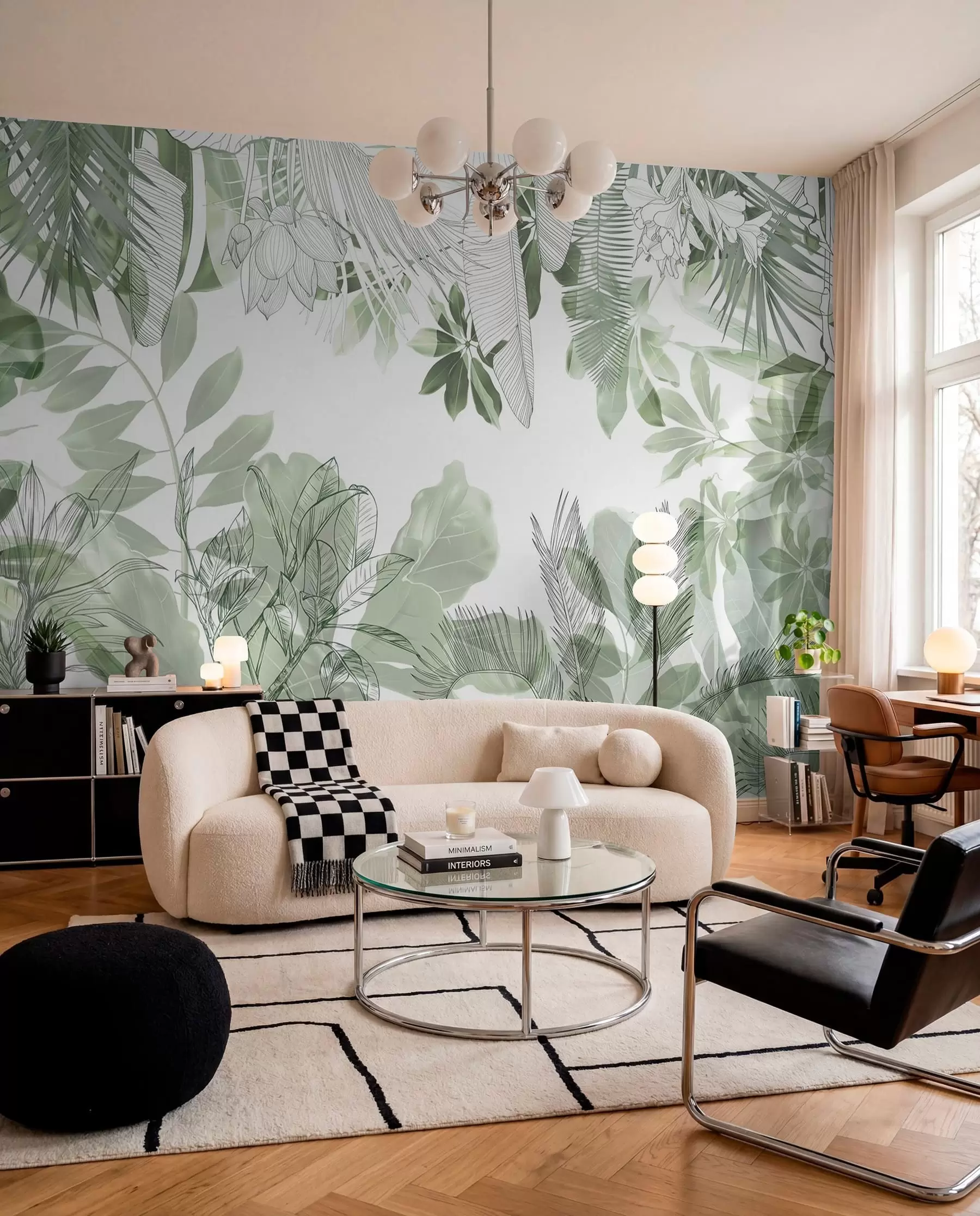 fototapeter Grønne tropiske planter og blade med jungletryk på en hvid baggrund w08823