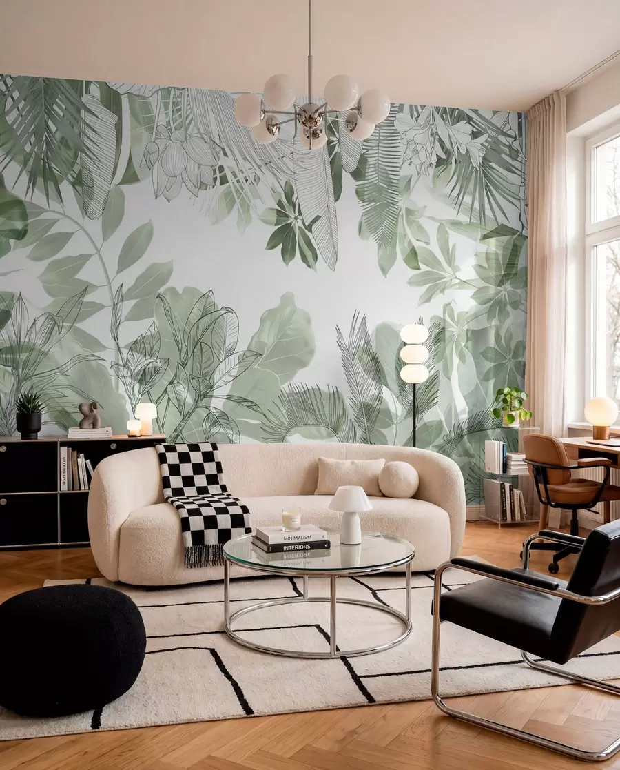 fototapeter Grønne tropiske planter og blade med jungletryk på en hvid baggrund w08823