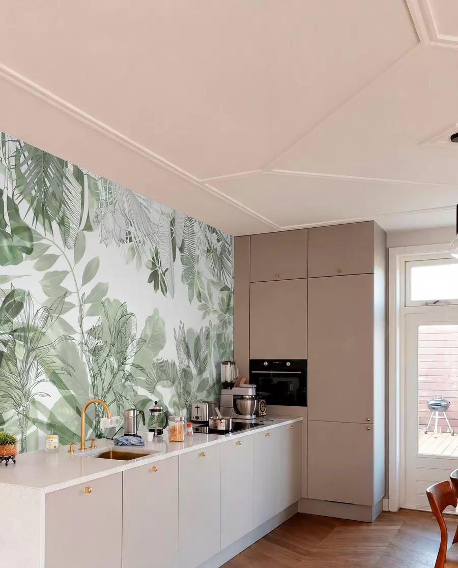 fototapeter Grønne tropiske planter og blade med jungletryk på en hvid baggrund w08823