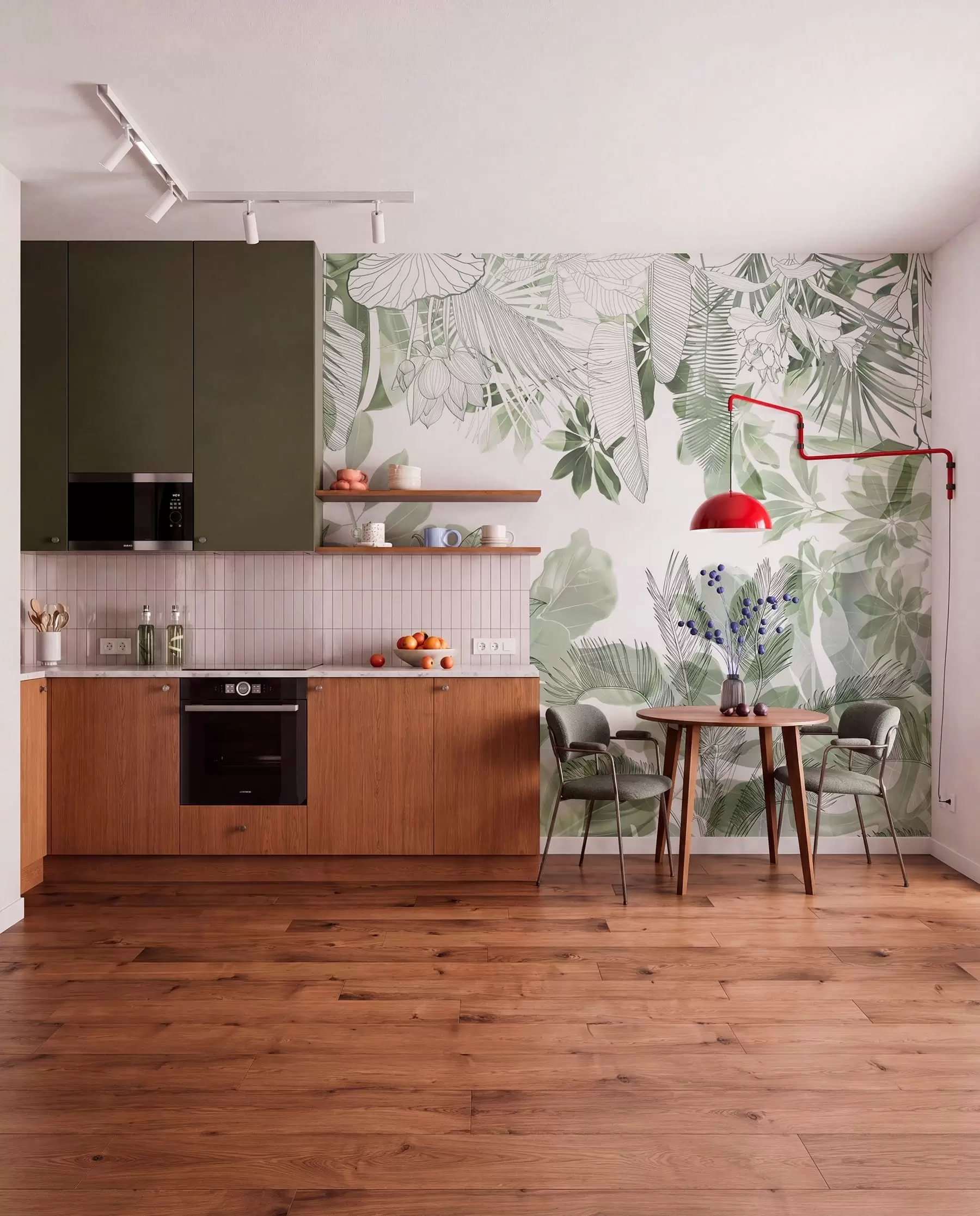 fototapeter Grønne tropiske planter og blade med jungletryk på en hvid baggrund w08823