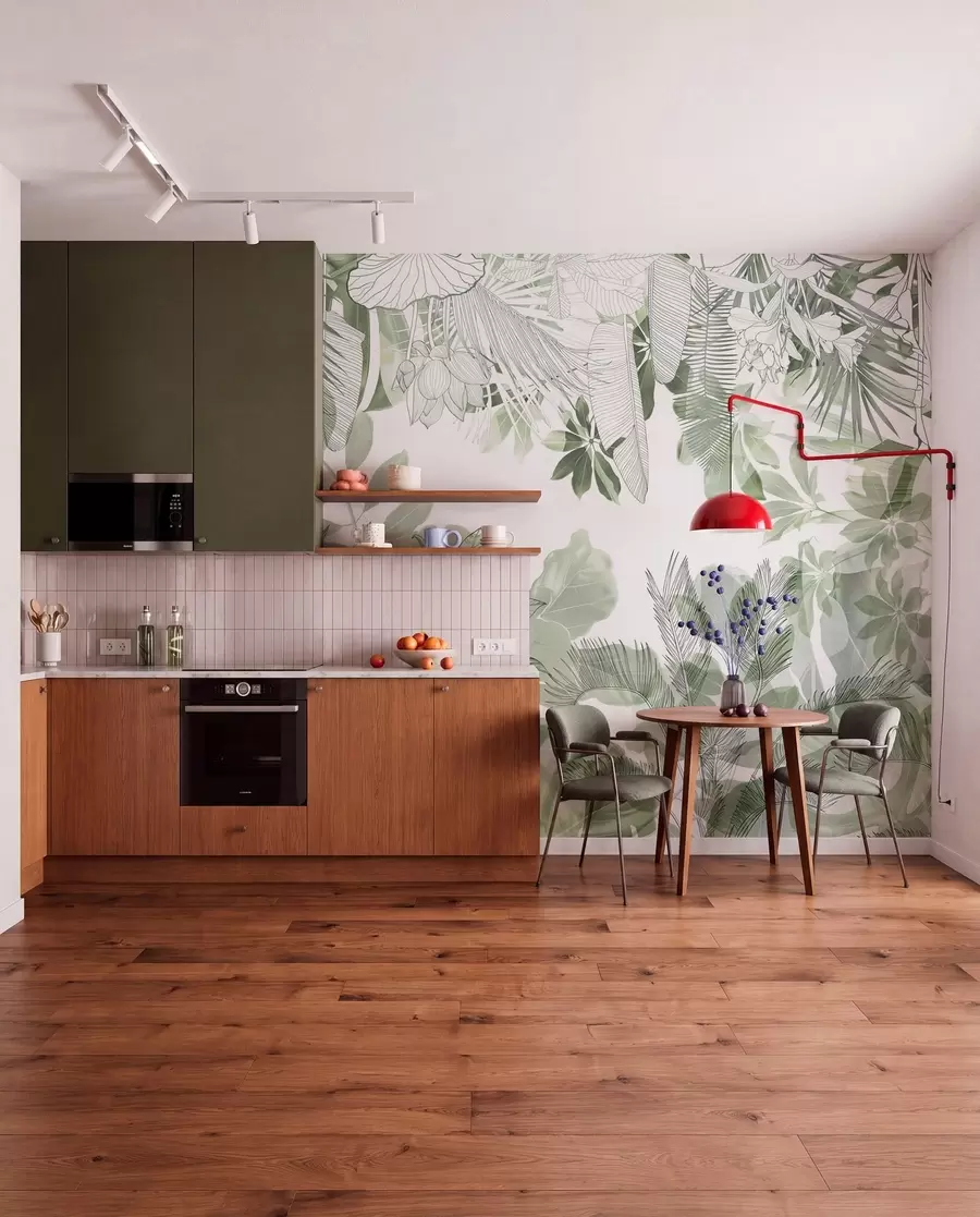 fototapeter Grønne tropiske planter og blade med jungletryk på en hvid baggrund w08823