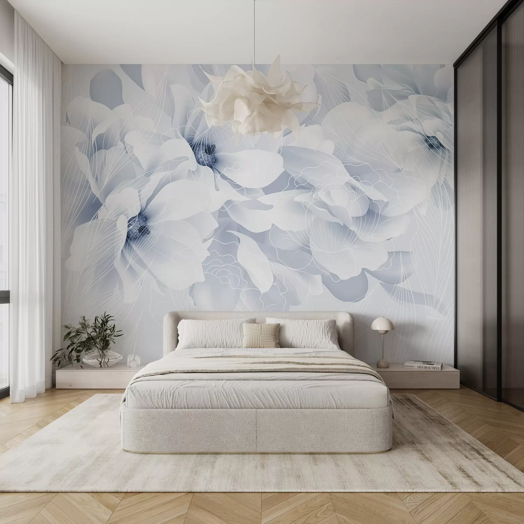 Murale Fleurs de pivoine pastel avec des pétales délicats blancs et bleus et des lignes blanches sur un fond bleu clair w08826