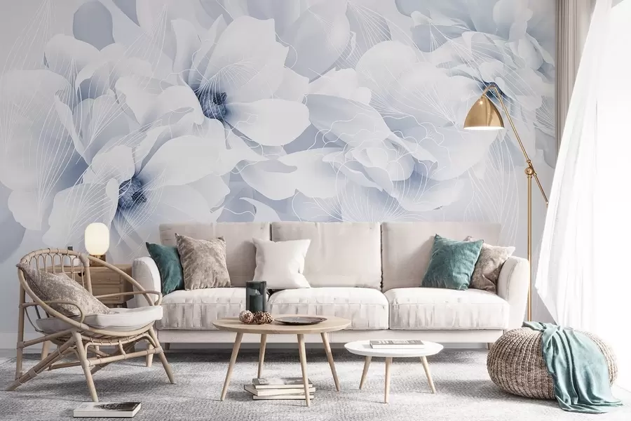 Fototapete Pastellfarbene Pfingstrosenblüten mit weißen und blauen zarten Blütenblättern und weißen Linien auf hellblauem Hintergrund w08826