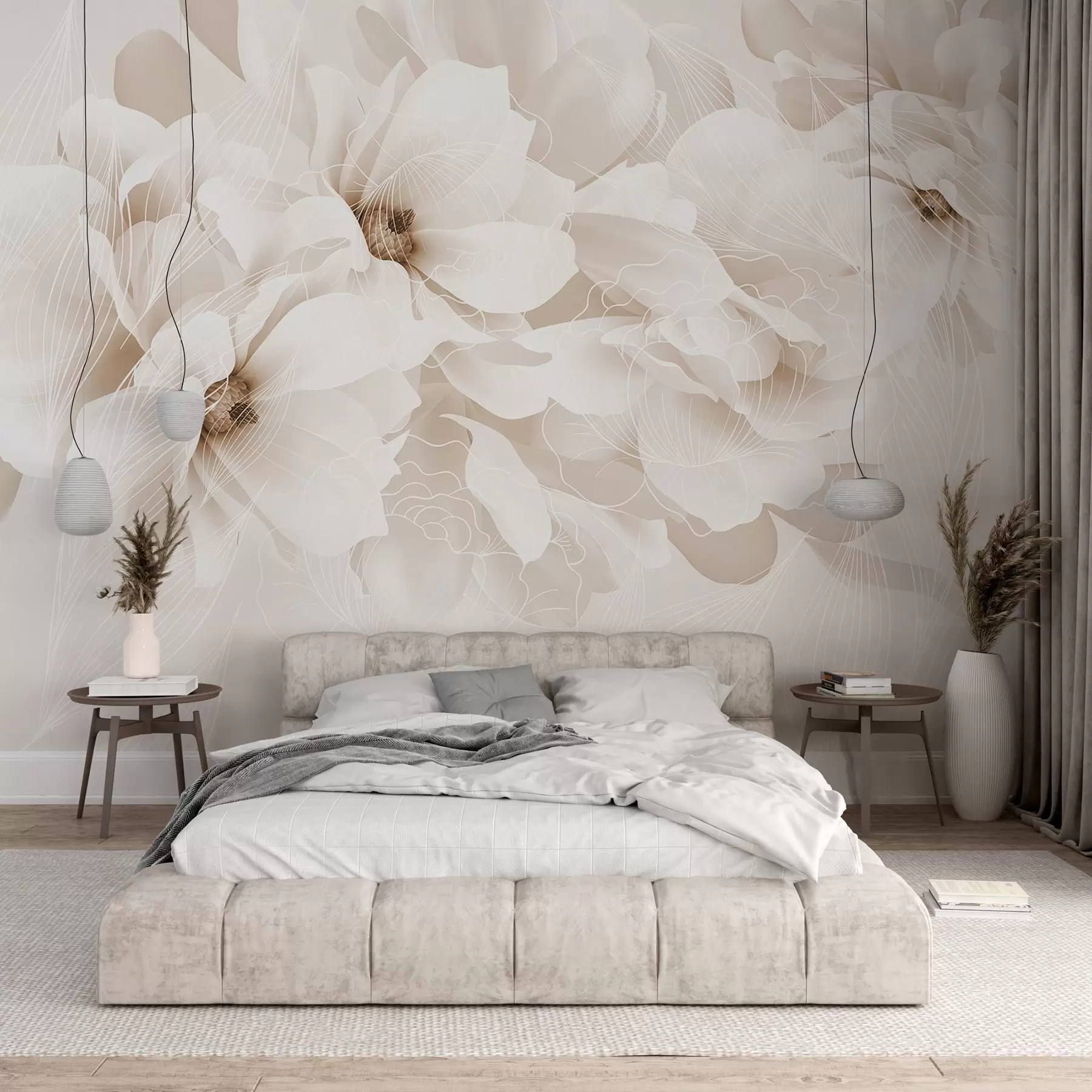 fototapeter Pastelfarvede pæonblomster med hvide og beige sarte kronblade og hvide linjer på en lys beige baggrund w08826v1
