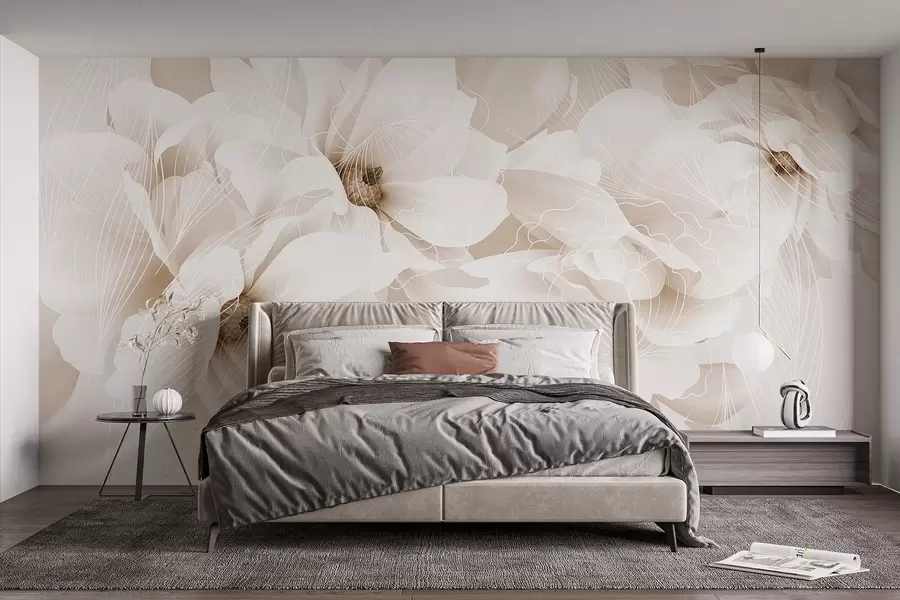 fototapeter Pastelfarvede pæonblomster med hvide og beige sarte kronblade og hvide linjer på en lys beige baggrund w08826v1