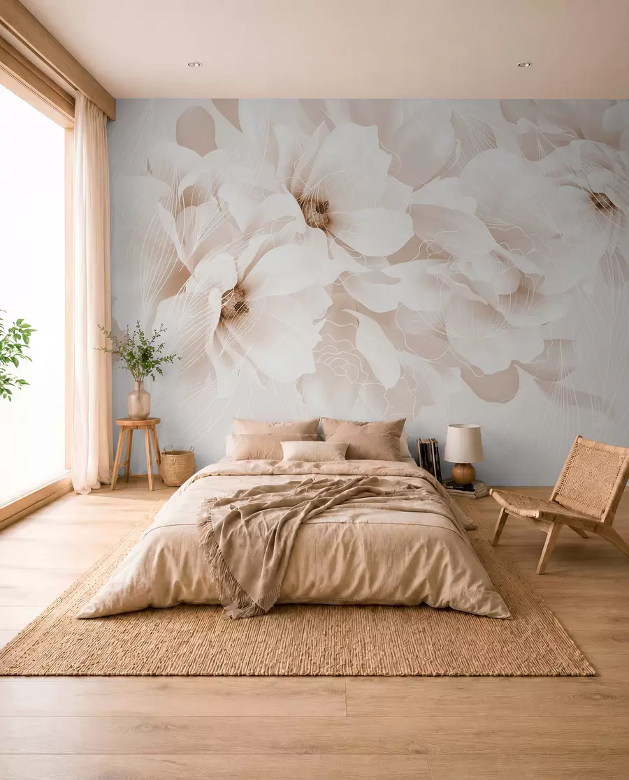 fototapeter Pastelfarvede pæonblomster med hvide og beige sarte kronblade og hvide linjer på en lys beige baggrund w08826v1