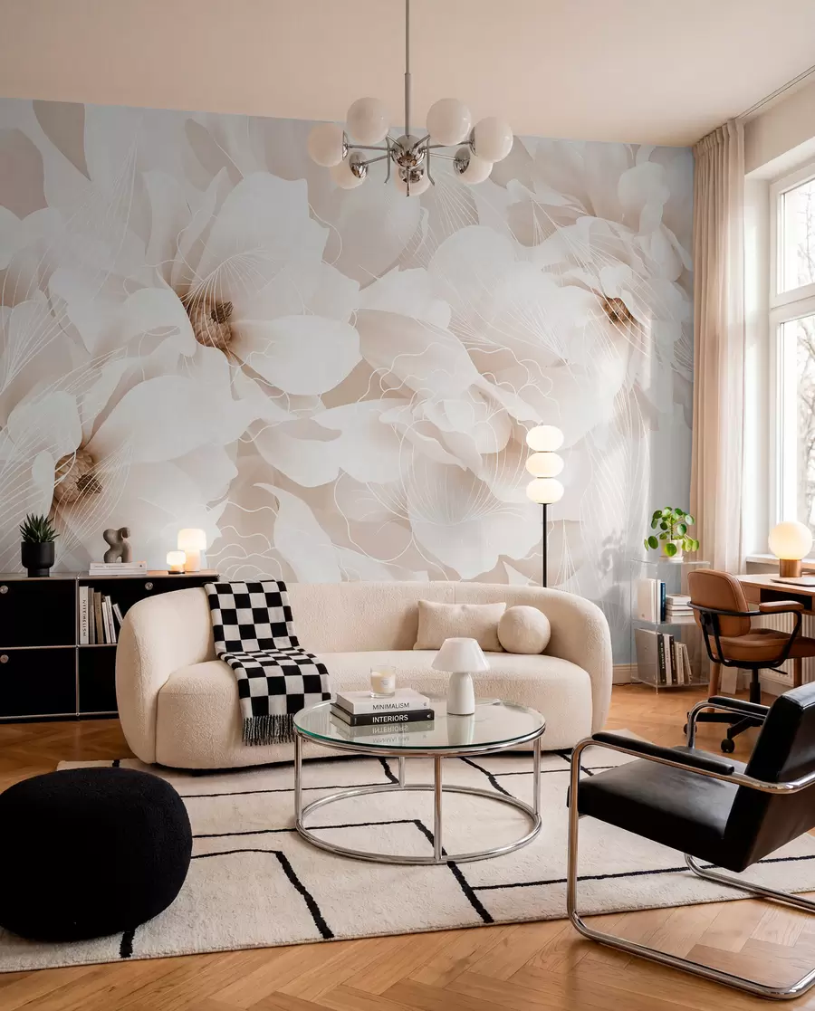 fototapeter Pastelfarvede pæonblomster med hvide og beige sarte kronblade og hvide linjer på en lys beige baggrund w08826v1