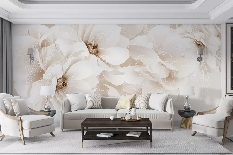 fototapeter Pastelfarvede pæonblomster med hvide og beige sarte kronblade og hvide linjer på en lys beige baggrund w08826v1