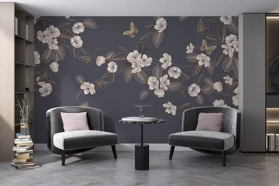 Fototapete Kirschbaumblüte Zweig mit Blumen, Blätter, Schmetterlinge auf einem dunkelgrauen Hintergrund w08830